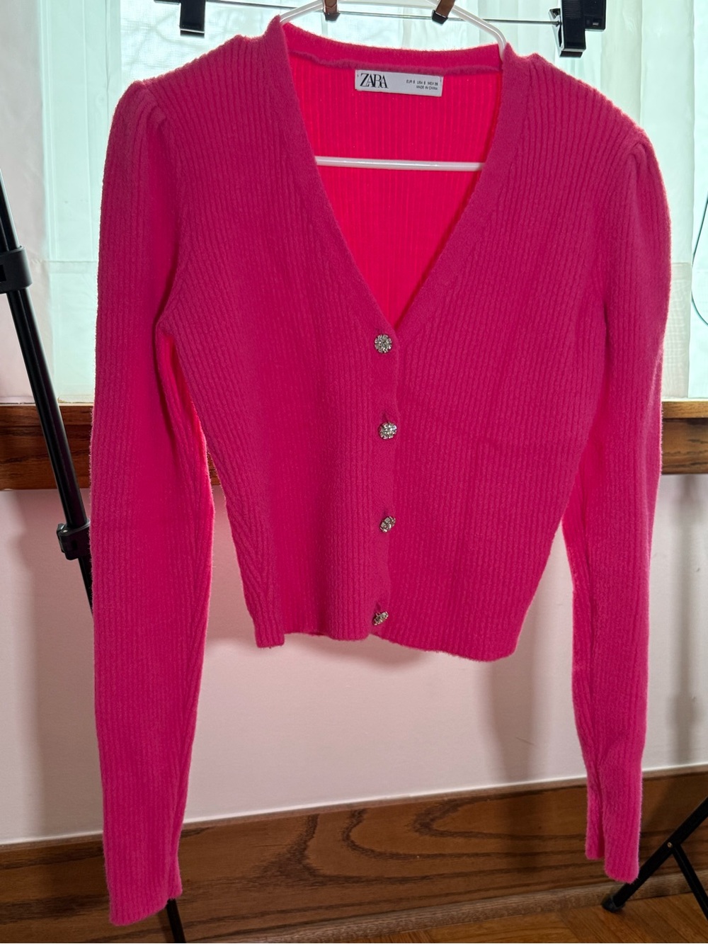 Zara Hot Pink Ribbed V-Neck Button Cardigan
